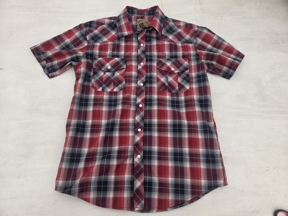 Coevals Club Pearl Snap Plaid Shirt Mens M Red Blue Short Sleeve Western Cowboy